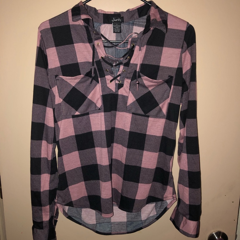 Justify lace up blouse with chest pocket